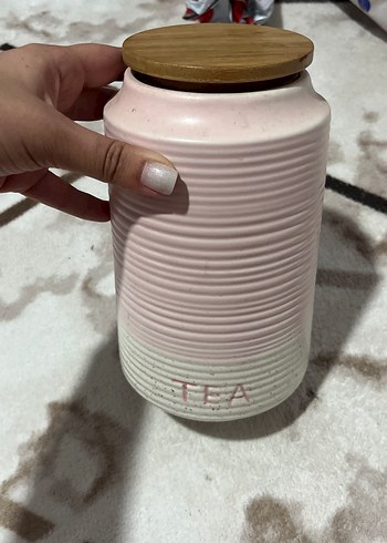 Beden Renk Ahşap Kapaklı Pembe Seramik Çay Kavanozu