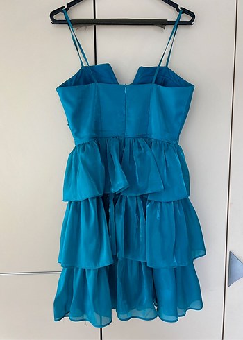 Mavi Mini Kat Kat Fırfırlı Abiye Elbise - Görsel 3