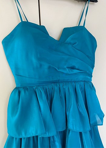 Mavi Mini Kat Kat Fırfırlı Abiye Elbise - Görsel 4