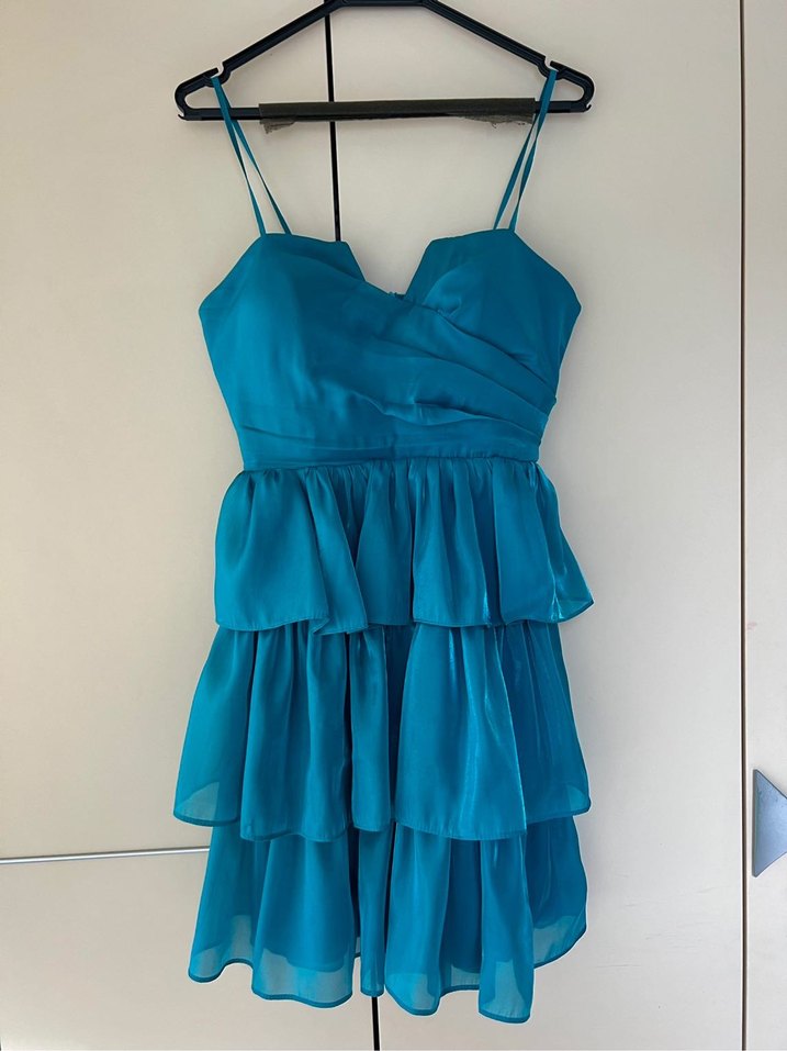 Mavi Mini Kat Kat Fırfırlı Abiye Elbise - Görsel 2