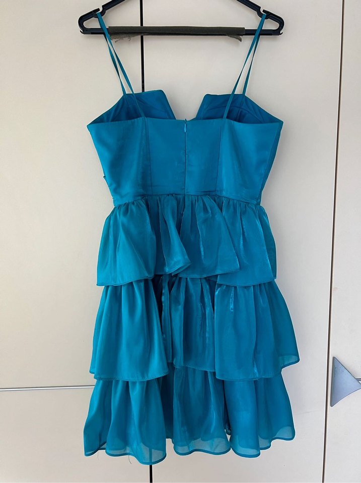 Mavi Mini Kat Kat Fırfırlı Abiye Elbise - Görsel 3