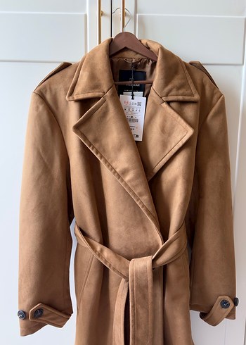 Pull and Bear Kadın Bej Süet Kemerli Trençkot - Görsel 7