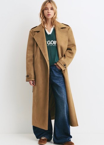 Pull and Bear Kadın Bej Süet Kemerli Trençkot - Görsel 3