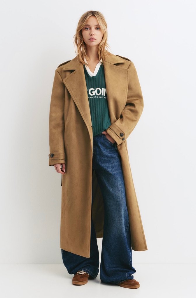 Pull and Bear Kadın Bej Süet Kemerli Trençkot - Görsel 3