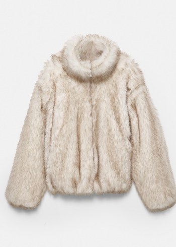 Pull and Bear Bej Midi Kadın Kürk Detaylı Mont - Görsel 3