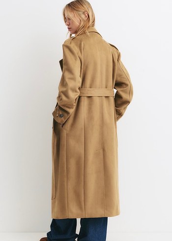 Pull and Bear Süet Kemerli Midi Kadın Trençkot - Görsel 2