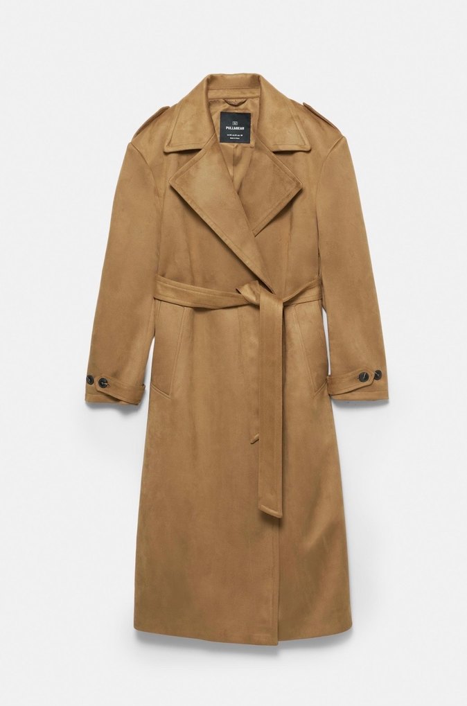 Pull and Bear Süet Kemerli Midi Kadın Trençkot - Görsel 4