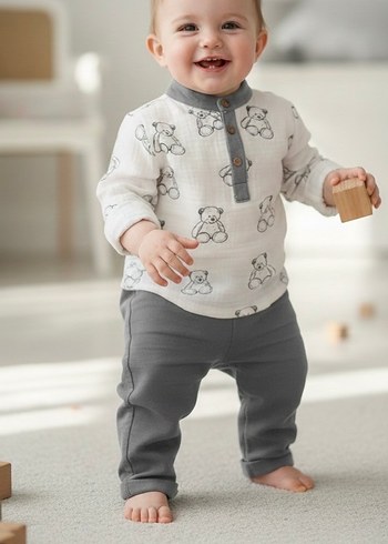 Gri ayıcık desenli Uzun Kollu Bebek ikili takım - Görsel 2