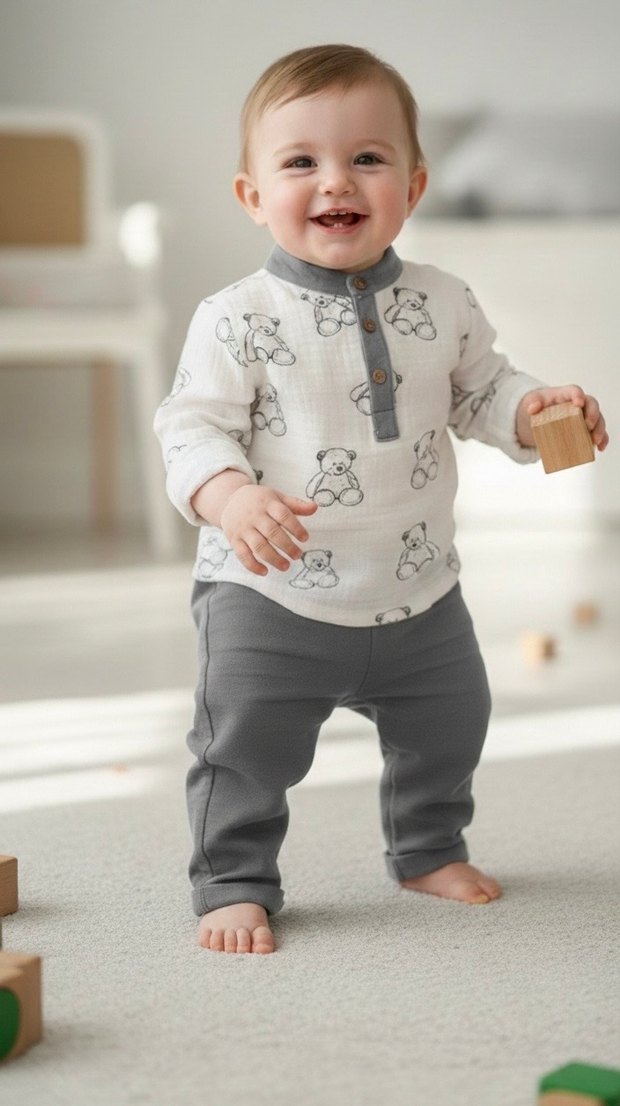 Gri ayıcık desenli Uzun Kollu Bebek ikili takım - Görsel 2