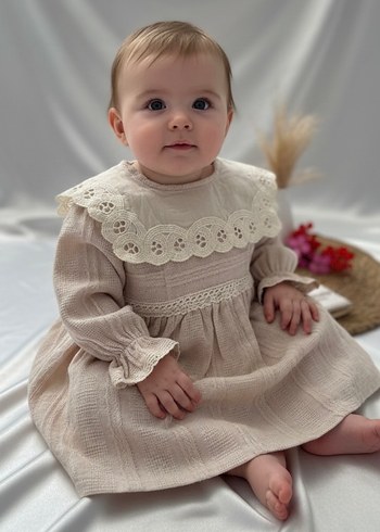 Bej Dantel Detaylı Bohem Kız Çocuk Elbise - Görsel 2