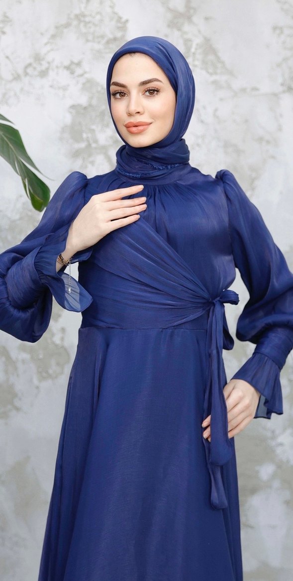 Bohem Uzun Lacivert Tesettür Abiye - Görsel 2