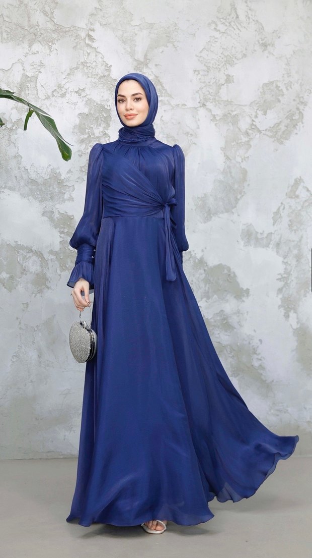Bohem Uzun Lacivert Tesettür Abiye - Görsel 3