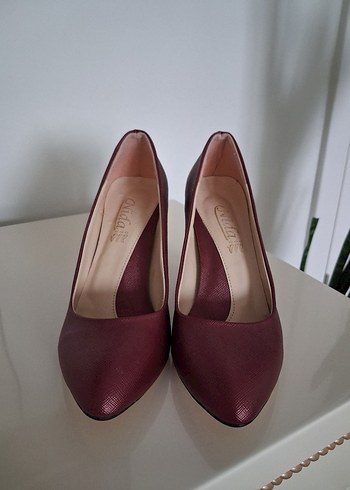 Bordo Deri Stiletto Kadın Topuklu Ayakkabı - Görsel 3