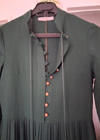 Uzun Kollu Yeşil Keten Bohem Elbise - Görsel 6