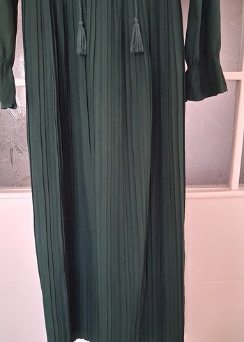 Uzun Kollu Yeşil Keten Bohem Elbise - Görsel 3