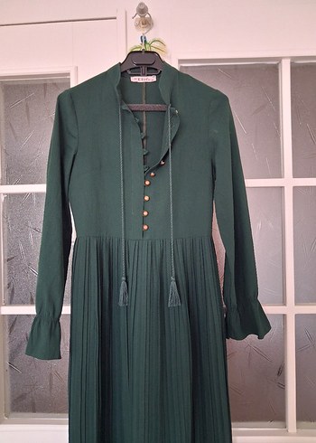 Uzun Kollu Yeşil Keten Bohem Elbise - Görsel 4