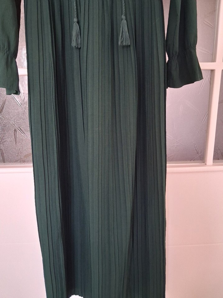 Uzun Kollu Yeşil Keten Bohem Elbise - Görsel 3