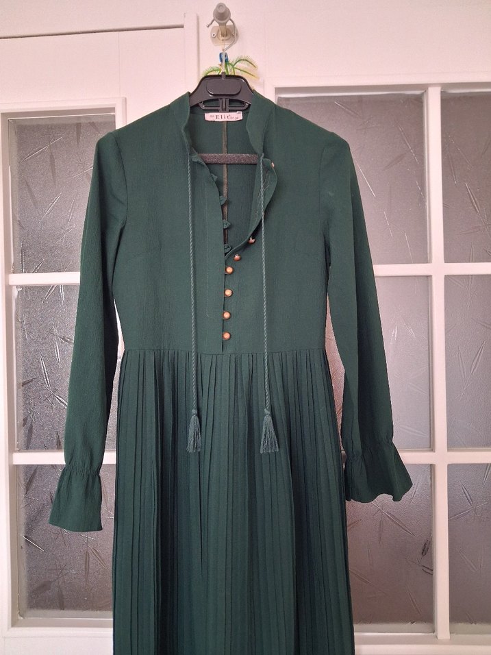 Uzun Kollu Yeşil Keten Bohem Elbise - Görsel 4