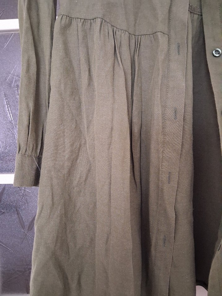 Düğmeli Haki Midi Keten Ceket - Görsel 4