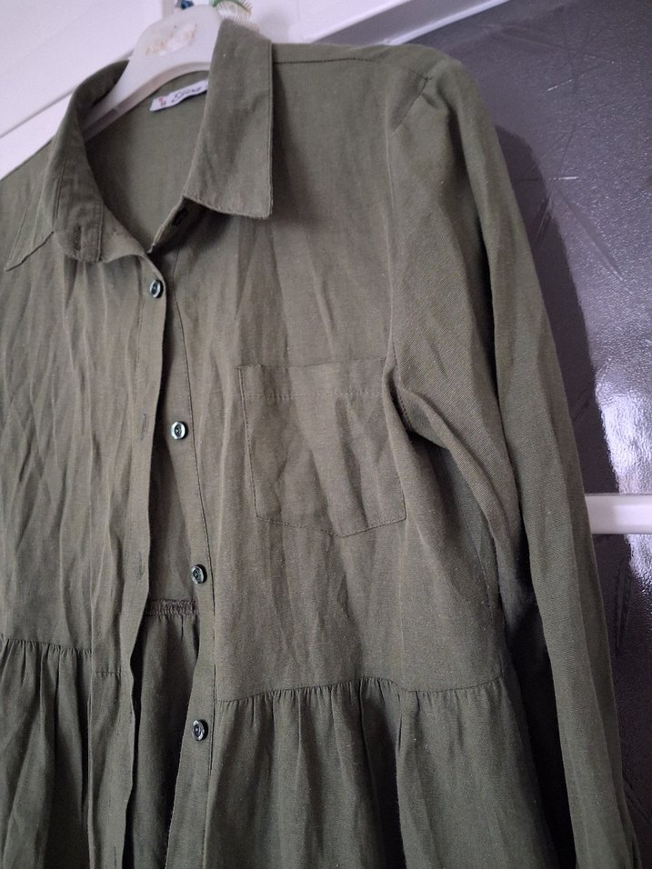 Düğmeli Haki Midi Keten Ceket - Görsel 3