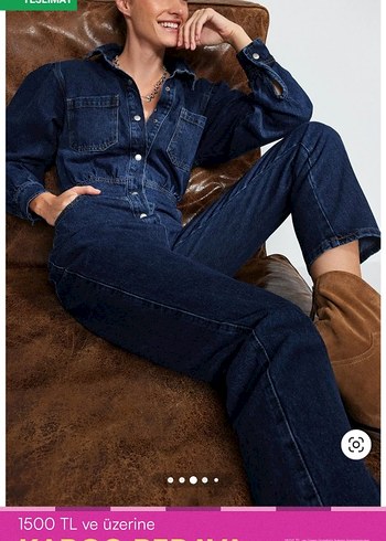 42 Beden Kadın Denim Tulum - Kemerli, Uzun Kollu