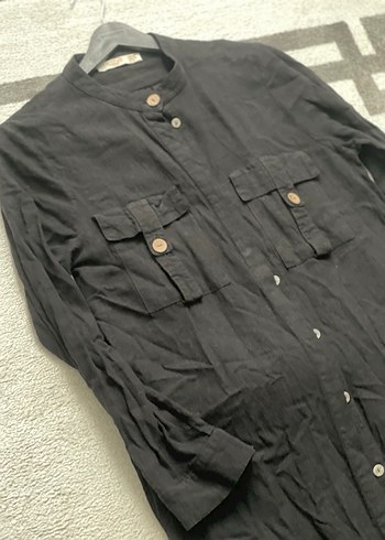 Düğmeli Siyah Uzun Keten takım - Görsel 3