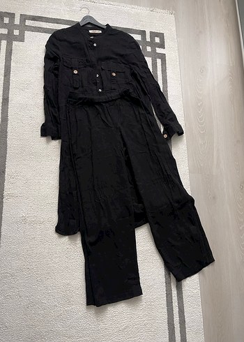 Düğmeli Siyah Uzun Keten takım - Görsel 4