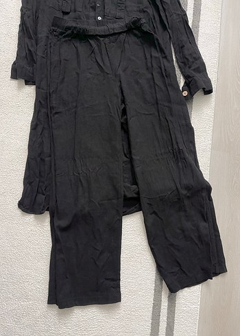 Düğmeli Siyah Uzun Keten takım - Görsel 2