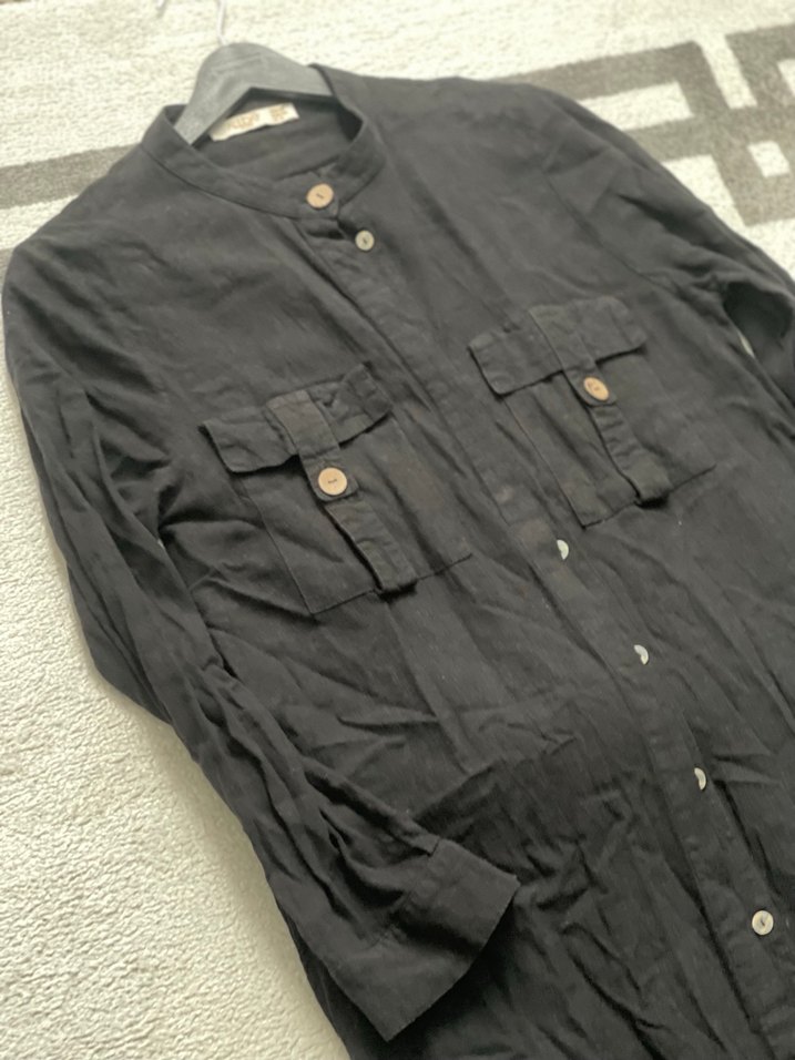 Düğmeli Siyah Uzun Keten takım - Görsel 3