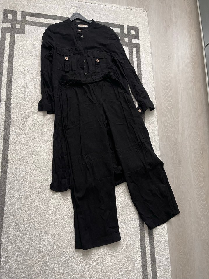 Düğmeli Siyah Uzun Keten takım - Görsel 4