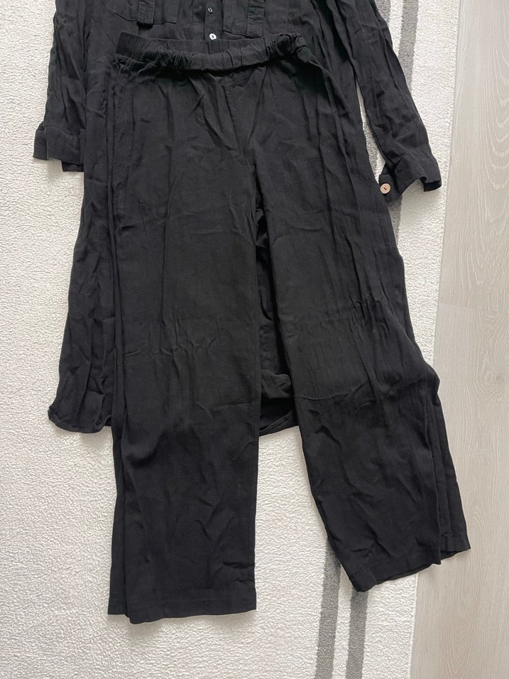 Düğmeli Siyah Uzun Keten takım - Görsel 2