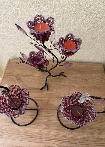 Mor Çiçek Detaylı Mumluk şamdanlık - Görsel 4