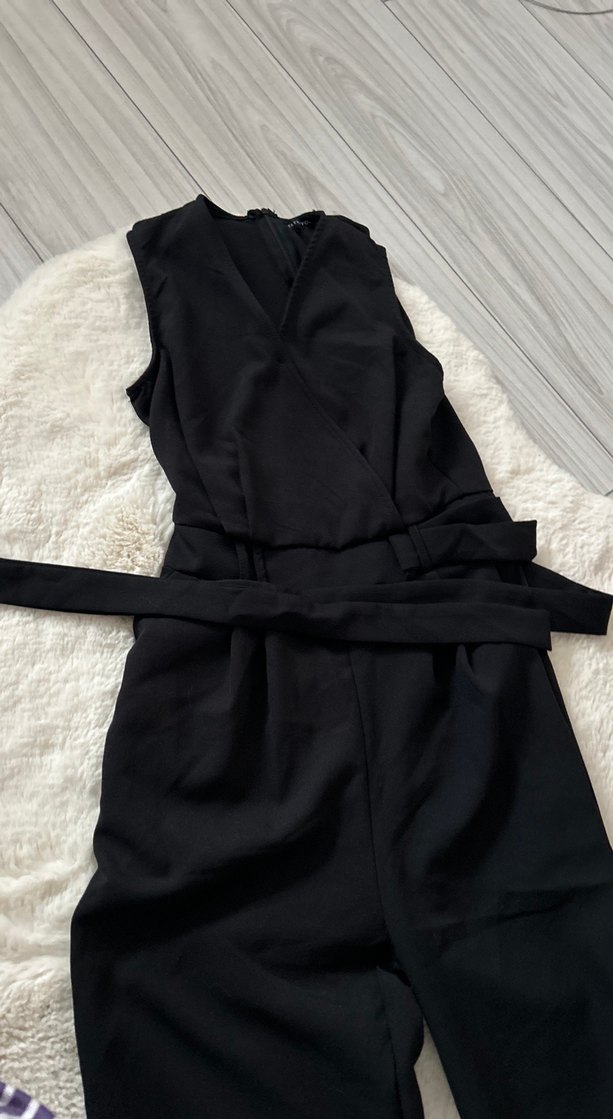 Kadın Siyah Tulum, Kemerli, İnce Askılı - Görsel 3