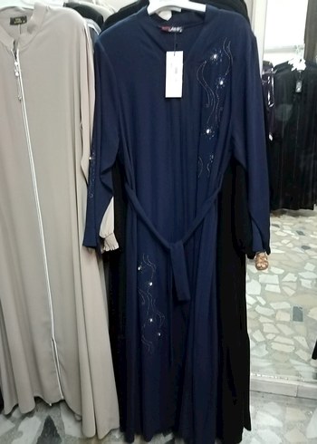 Nakışlı Kemerli Uzun Kollu Lacivert Kadın Elbise