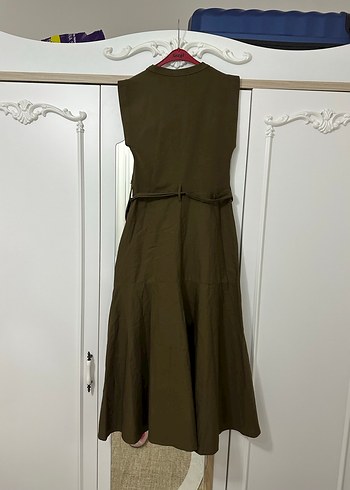 Kahverengi Keten Kemerli Uzun Elbise - Görsel 4