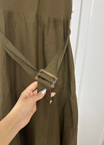 Kahverengi Keten Kemerli Uzun Elbise - Görsel 2