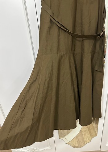Kahverengi Keten Kemerli Uzun Elbise - Görsel 6