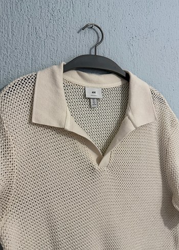 H&M Bej Ajurlu Pamuklu  Erkek Polo Tişört - Görsel 2