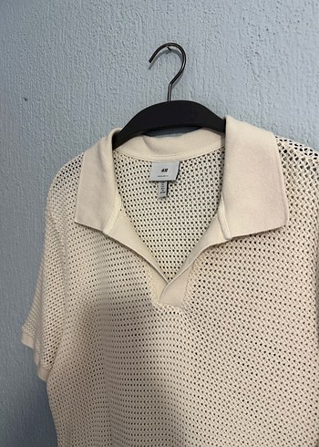 H&M Bej Ajurlu Pamuklu  Erkek Polo Tişört - Görsel 3