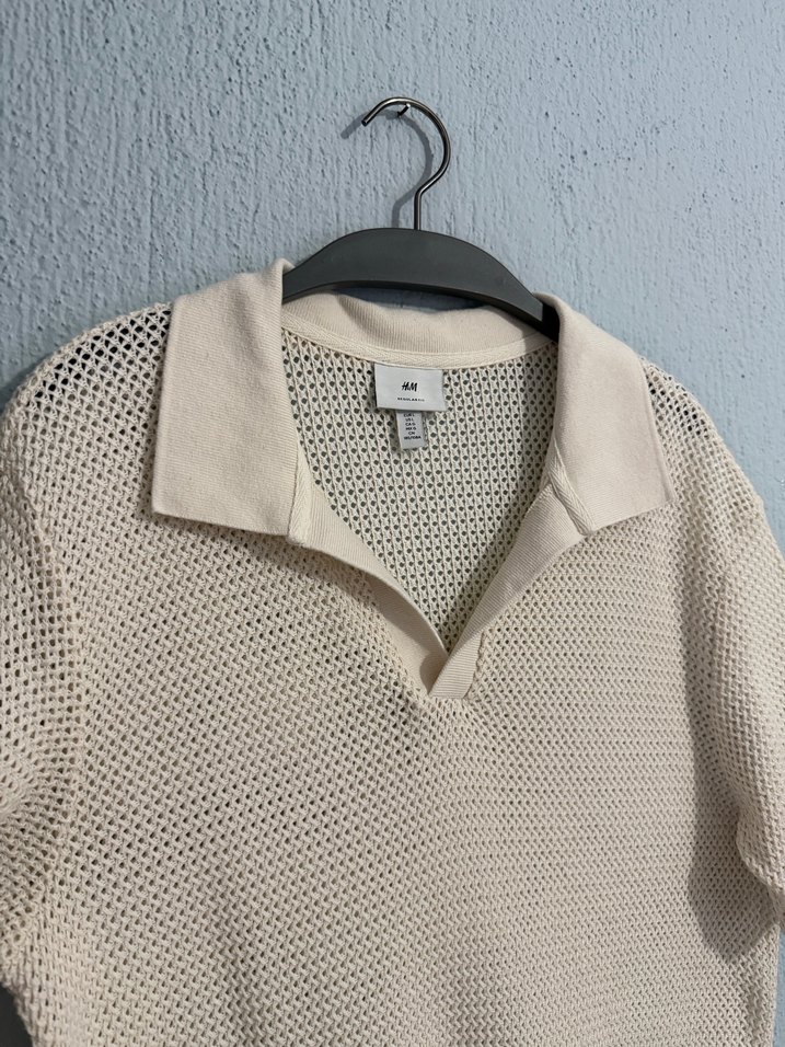 H&M Bej Ajurlu Pamuklu  Erkek Polo Tişört - Görsel 2