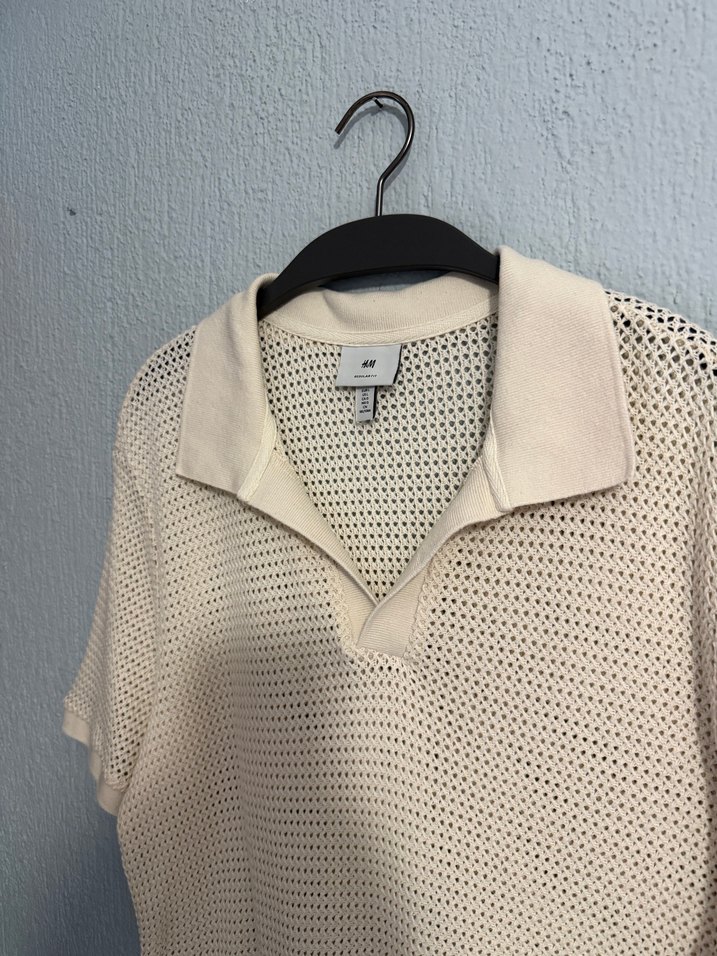 H&M Bej Ajurlu Pamuklu  Erkek Polo Tişört - Görsel 3