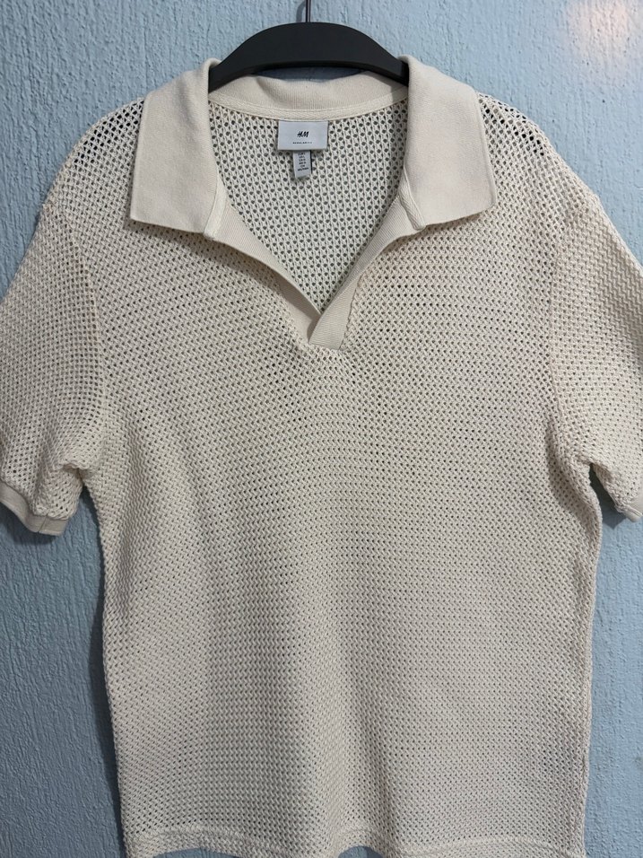 H&M Bej Ajurlu Pamuklu  Erkek Polo Tişört - Görsel 4