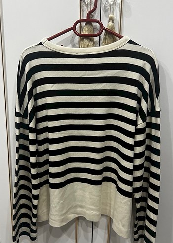 Massimo dutti marka Kadın Siyah krem Çizgili Pamuklu Triko Kazak - Görsel 4