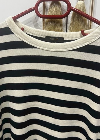 Massimo dutti marka Kadın Siyah krem Çizgili Pamuklu Triko Kazak - Görsel 2