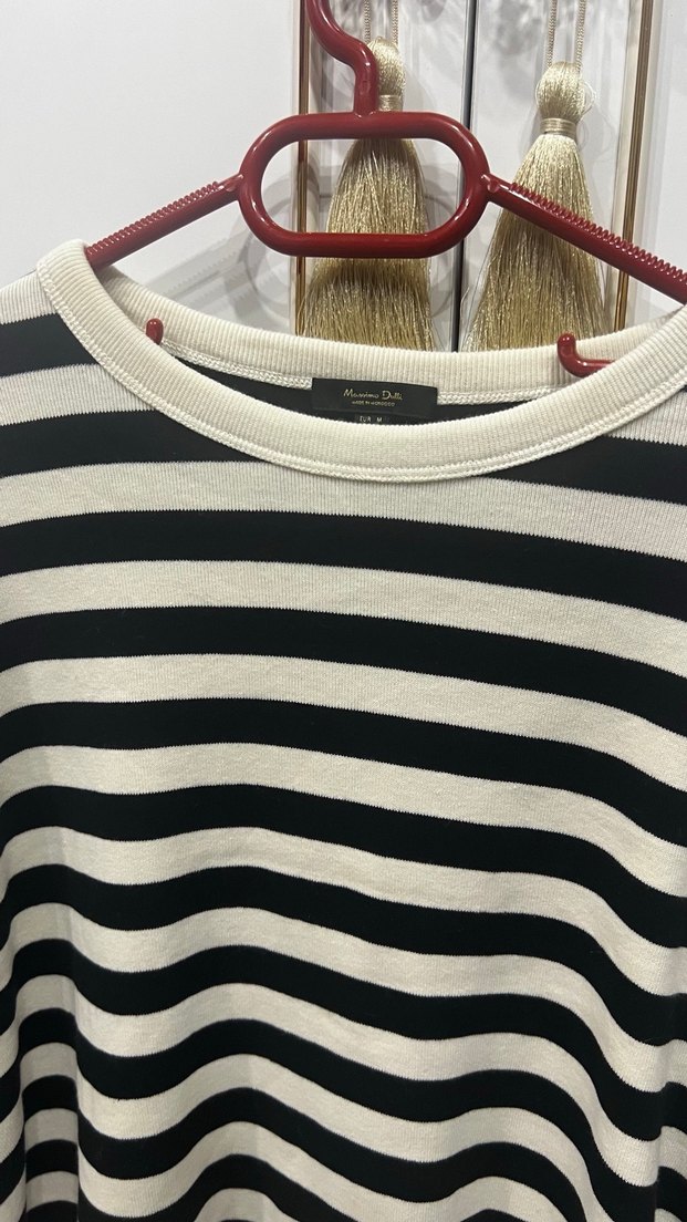 Massimo dutti marka Kadın Siyah krem Çizgili Pamuklu Triko Kazak - Görsel 2