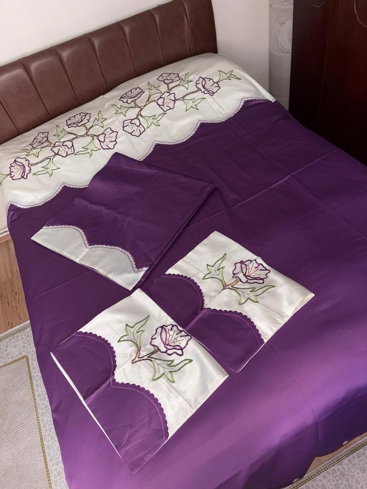 Mor Nakışlı saten pike takımı - Görsel 5