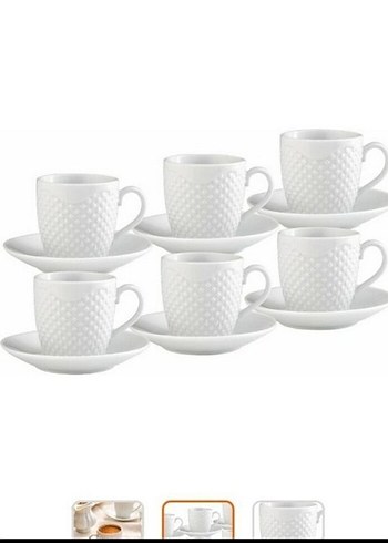 Beyaz Kabartmalı 6'lı Fincan ve Tabak Seti - Görsel 2