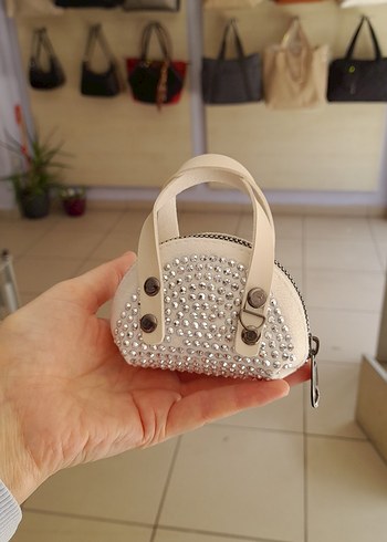 Diger Beyaz Deri Taşlı Mini Çapraz Çanta