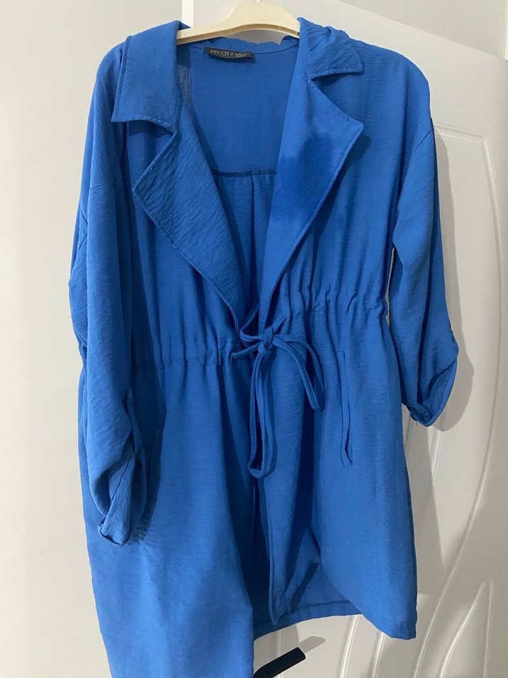 Mavi Midi Boy  Keten Ceket - Görsel 3