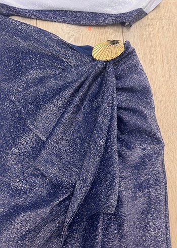 Beyaz ve Lacivert Drapeli Uzun Abiye Elbise Raisa Vanessa - Görsel 5